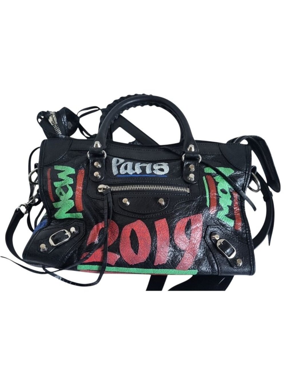 Balenciaga 2019 Small Motocross Classic City Graffiti Black Leather Bag